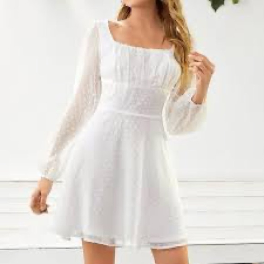 LYANER White Ruffled Sundress with Square Neck and Bishop Sleeves